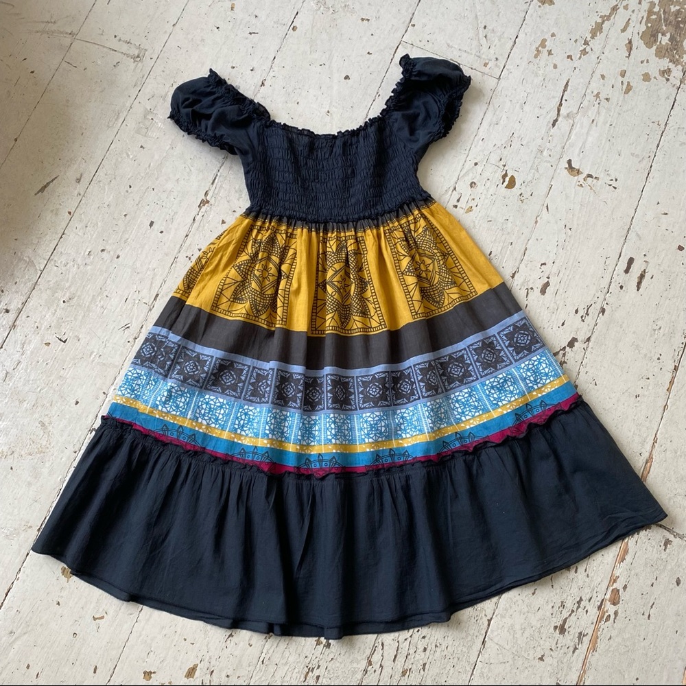 India Boho Bohemian Print Cinched Top Tiered Dress
